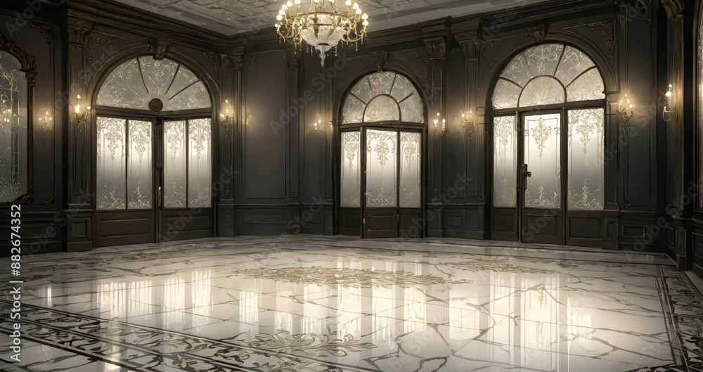 Fototapeta premium art deco entrance doorway of palace mansion interior. white victorian floral embellishments and art nuevo gothic style with black and gold ornamentals detailing. white marble floor.