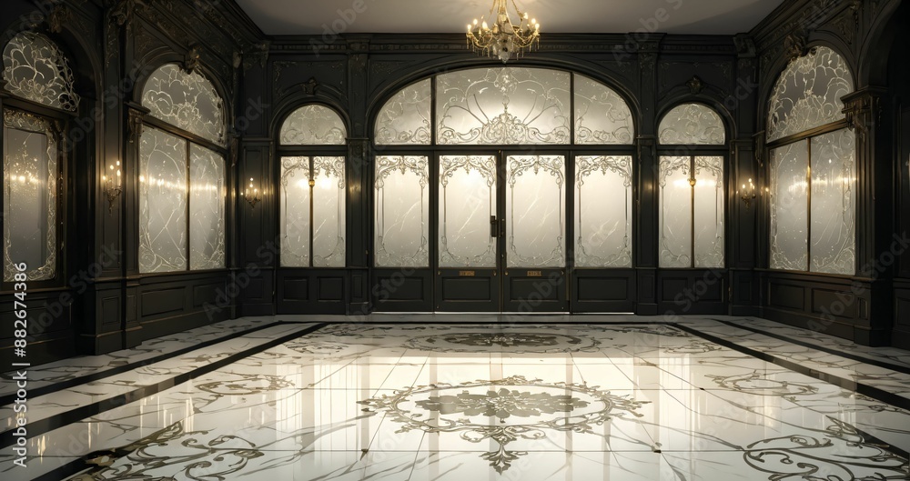 art deco entrance doorway of palace mansion interior. white victorian ...