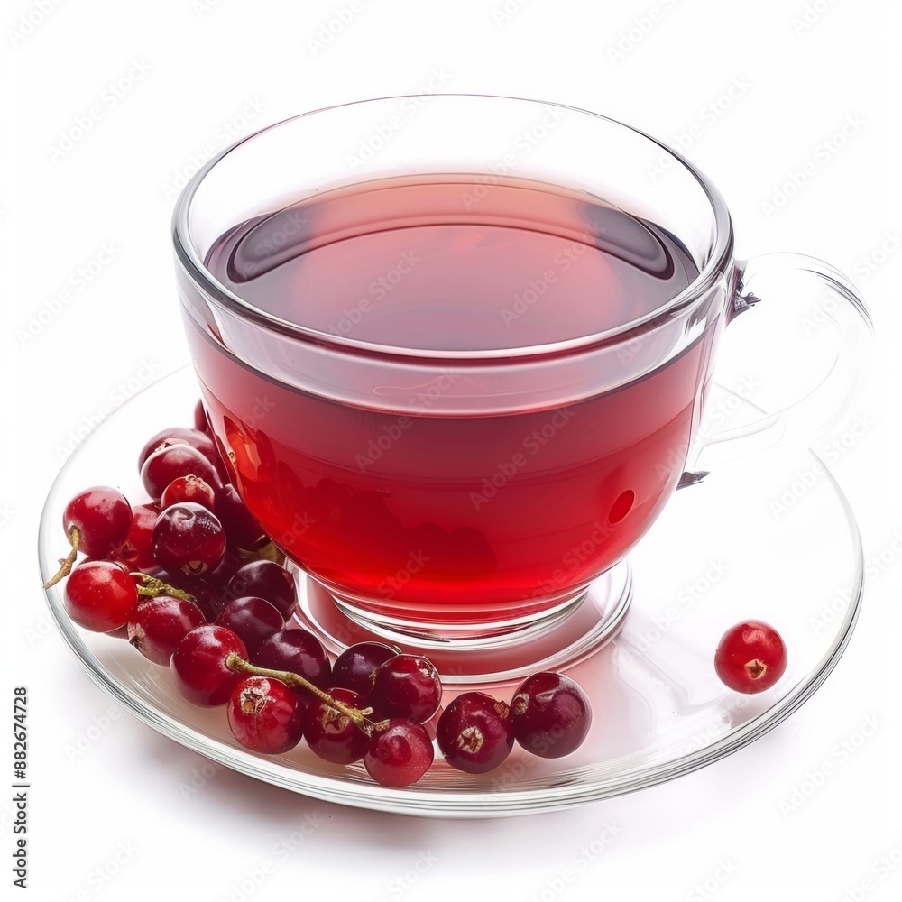 A cup of cranberry tea with fresh cranberries on a saucer. A cup of cranberry tea with fresh cranberries on a saucer.