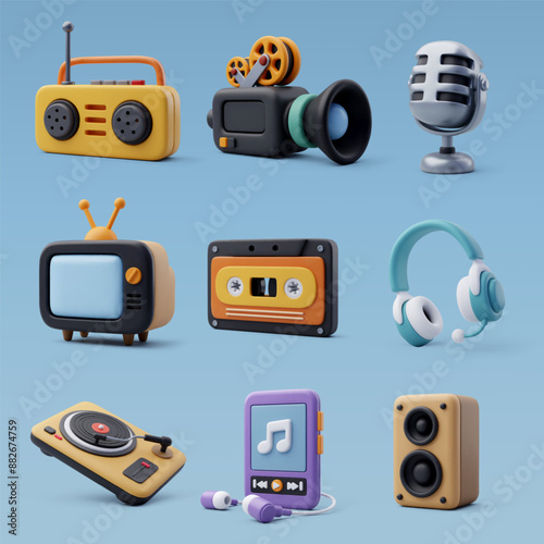 3d colllection of home entertainment icon, Entertainment movie and music equipment concept.