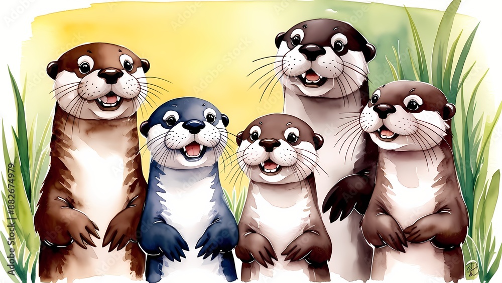 Obraz premium Playful and curious family of otters