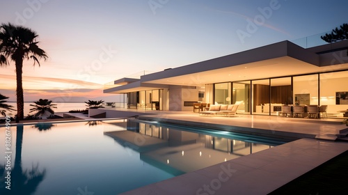 Modern luxury villa with pool and garden view at sunset