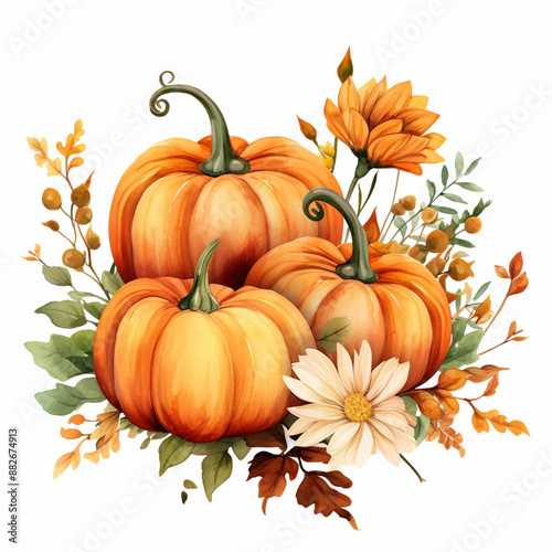 Floral watercolor fall pumpkin clipart