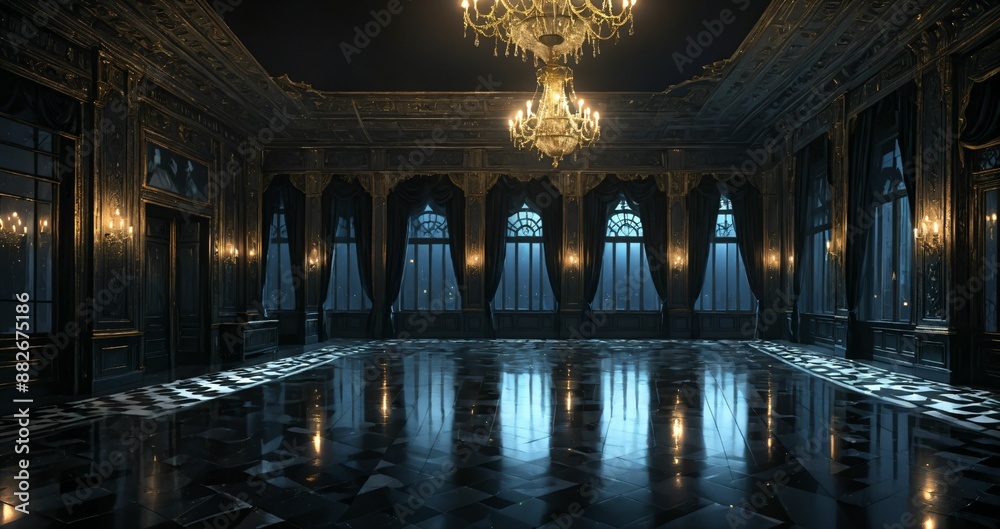 black ballroom room interior of mansion castle palace at night. dark gothic art deco cathedral monastery living room with city view from windows. black ballroom room interior of mansion castle palace at night. dark gothic art deco cathedral monastery living room with city view from windows.