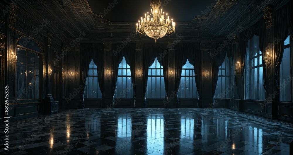 Obraz premium patio terrace balcony of palace mansion house at night. flowers, candles, and floral embellishments of black gothic art deco porch with tall windows and city view.