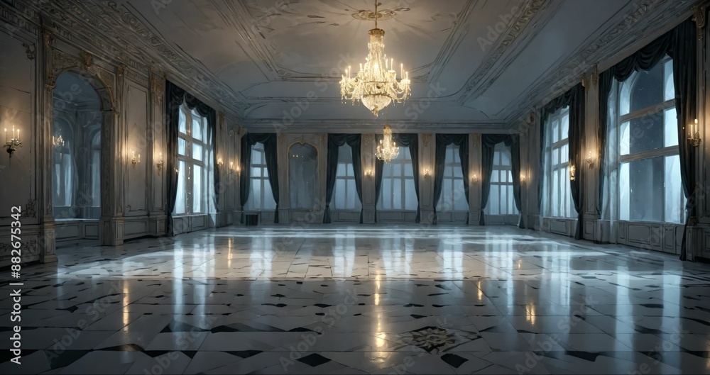 Obraz premium white ballroom corridor of mansion building palace cathedral gothic house at night. art deco art nuevo style with chandelier, windows, curtains, and candles.