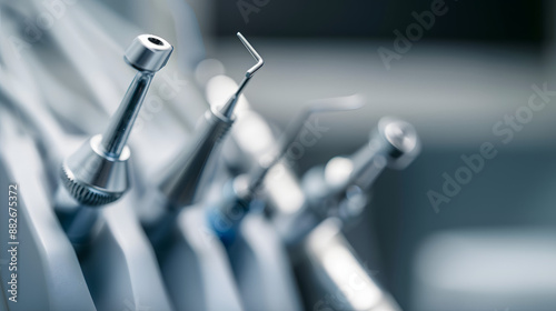 Dental equipment. Closeup photo of dental handpieces . Dental drills in dentists office