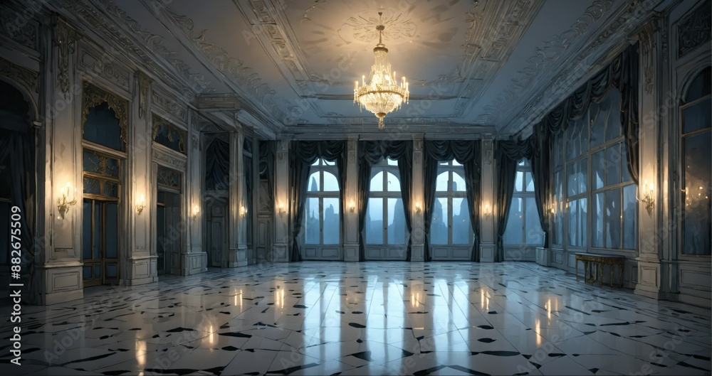 white ballroom corridor of mansion building palace cathedral gothic house at night. art deco art nuevo style with chandelier, windows, curtains, and candles. white ballroom corridor of mansion building palace cathedral gothic house at night. art deco art nuevo style with chandelier, windows, curtains, and candles.