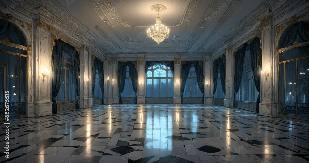 white ballroom corridor of mansion building palace cathedral gothic house at night. art deco art nuevo style with chandelier, windows, curtains, and candles.