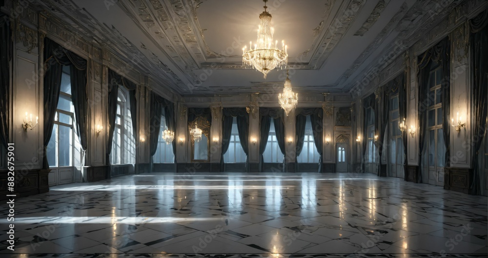 Obraz premium white ballroom corridor of mansion building palace cathedral gothic house at night. art deco art nuevo style with chandelier, windows, curtains, and candles.