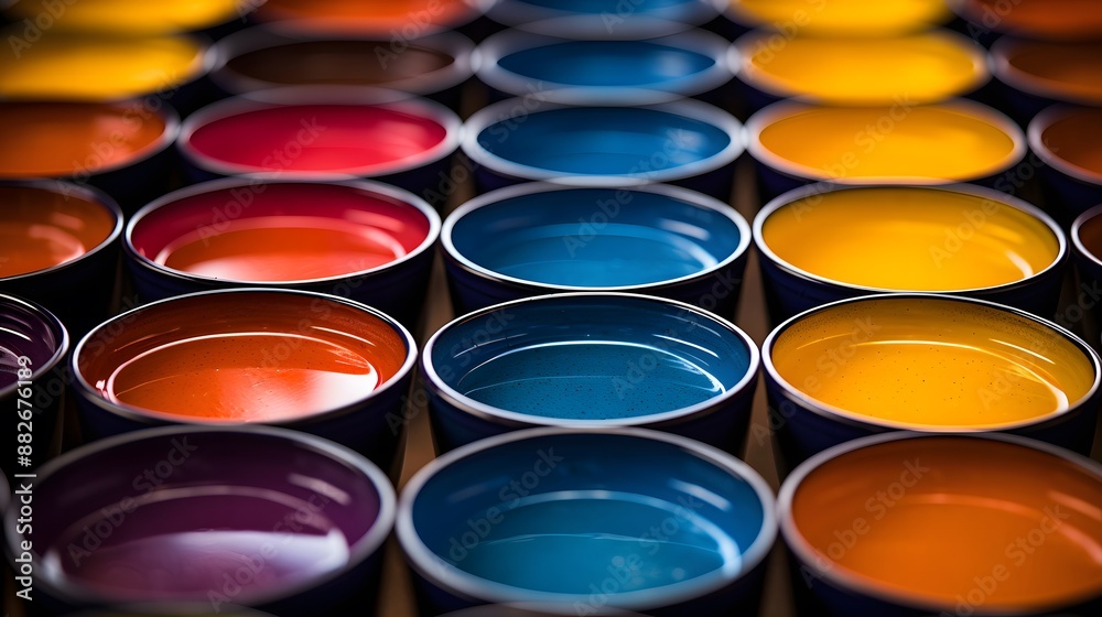 Close-up of colorful paint cans arranged in a row Close-up of colorful paint cans arranged in a row