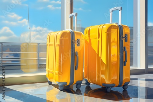 Yellow suitcases by a large window in an airport