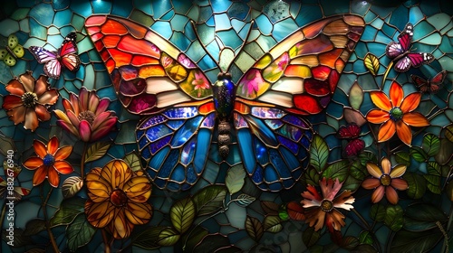 Enchanting Mosaic Butterfly Surrounded by Vibrant Floral Art © pkproject