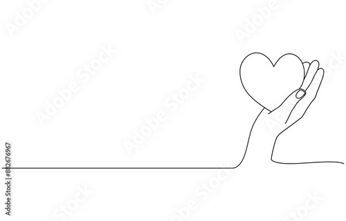 One continuous single line drawing of hand give love isolated on white background minimalism design, One continuous line drawing of hand holding heart. Support concept. Charity vector illustration.