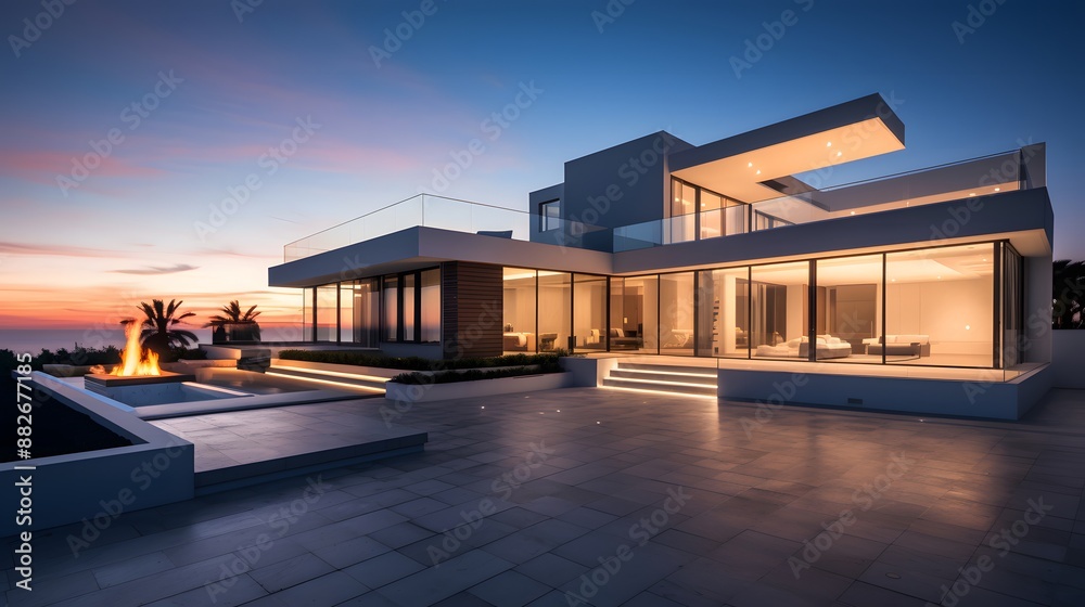 Obraz premium Luxury villa with pool and garden illuminated at night