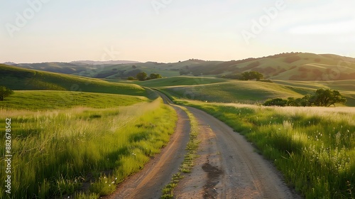 2. A narrow dirt road leading through expansive green meadows, with a backdrop of rolling hills and a clear, sunny sky