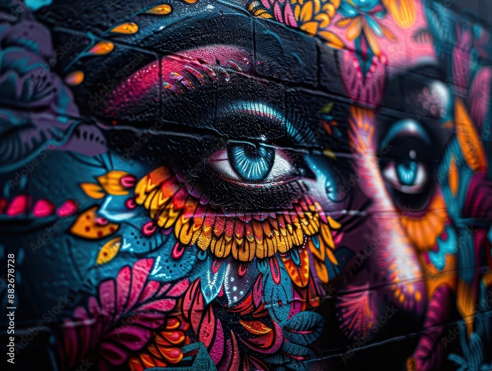 Bold Colors and Patterns in a street art mural, a closeup on the intricate details that tell a vibrant urban tale Bold Colors and Patterns in a street art mural, a closeup on the intricate details that tell a vibrant urban tale