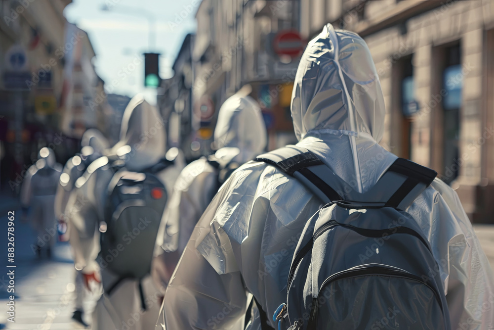 People in biohazard suits on city streets due to pollution and contamination