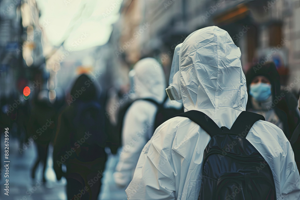 Obraz premium People in biohazard suits on city streets due to pollution and contamination