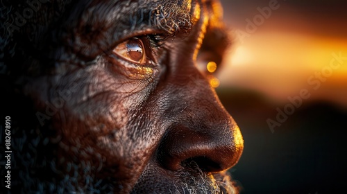 Closeup portrait of a storyteller in their natural element, their face illuminated by the soft light of dusk, conveying depth and authenticity photo