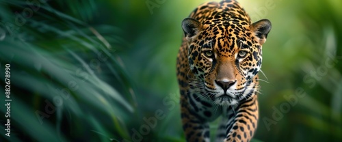 Full body shot of a jaguar stalking in the underbrush, natural lighting, copy space photo