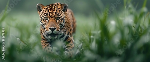 Full body shot of a jaguar stalking in the underbrush, natural lighting, copy space photo