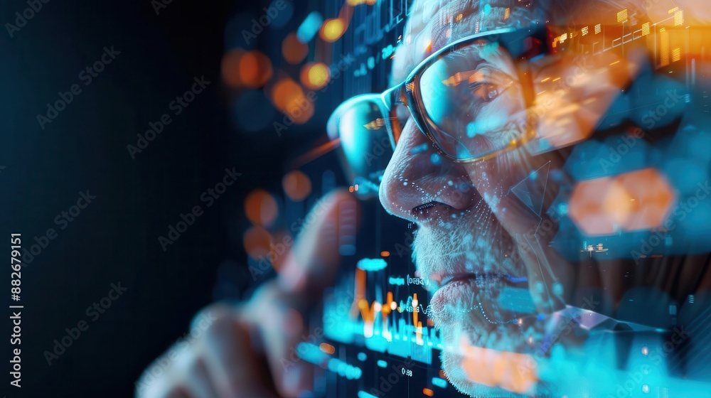 Close-up of a senior man analyzing data on a computer screen. Close-up of a senior man analyzing data on a computer screen.