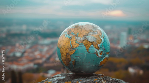 Fototapeta Naklejka Na Ścianę i Meble -  Globe resting on a rock with a city backdrop.