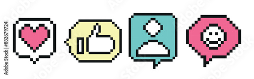 Collection of mixed pixelated speech bubble. Social network 8 bit pixel art  icons pack. Like, comment, follow, thumb-up. Notification set with heart, user, speech bubble, human hand.