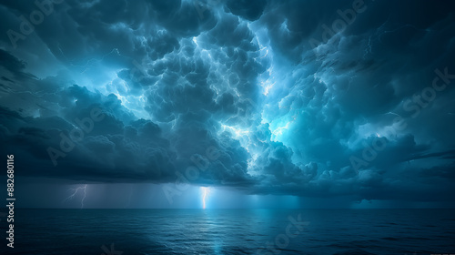 Thunderstorm unleashing powerful lightning over calm ocean at night, illuminating ominous storm clouds. Concept of nature's power, weather phenomena, and atmospheric electricity.