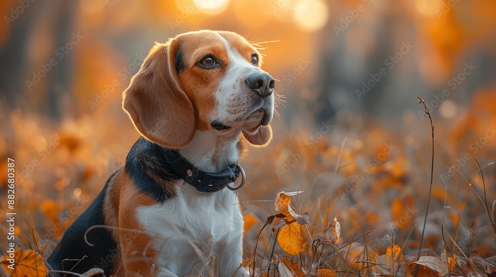 A beagle dog enjoying autumn outdoors, looking happy and content A beagle dog enjoying autumn outdoors, looking happy and content