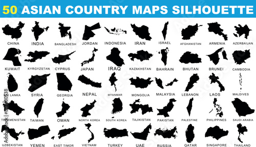 Asian country map silhouette vector set, black geographic borders, 50 countries, China, India, Japan, Iran, Israel, Saudi Arabia, political maps isolated design illustration