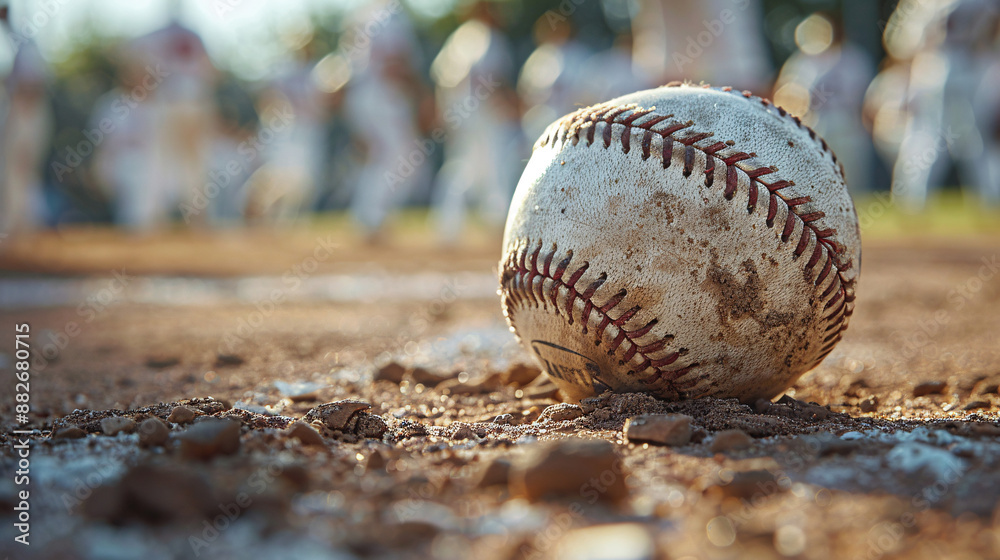 Close-up of Baseball on Pitcher's Mound with Blurred Players - Sports Background with Copy Space
