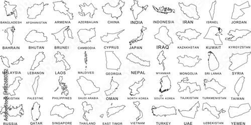 Asia countries map outline vector illustration, Bangladesh, Afghanistan, Armenia, Azerbaijan, China, India, Indonesia, Iran, Israel, Jordan, Bahrain, Bhutan, Brunei, Cambodia, Cyprus, Japan, Iraq