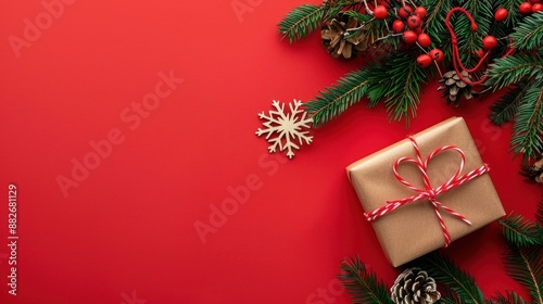 Christmas Gift Wrapped in Brown Paper with Red Ribbon photo