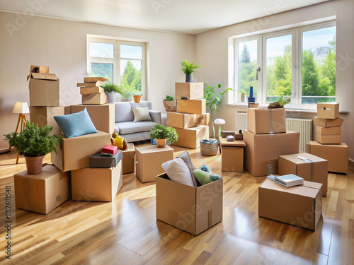 Empty living room floor cluttered with stacked cardboard boxes containing household items, indicating a home moving, relocation, or renovation process in progress. photo