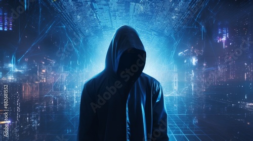 Mysterious figure in a hood facing a vast digital network with neon lights and cityscape in the background, symbolizing cybersecurity or hacking.