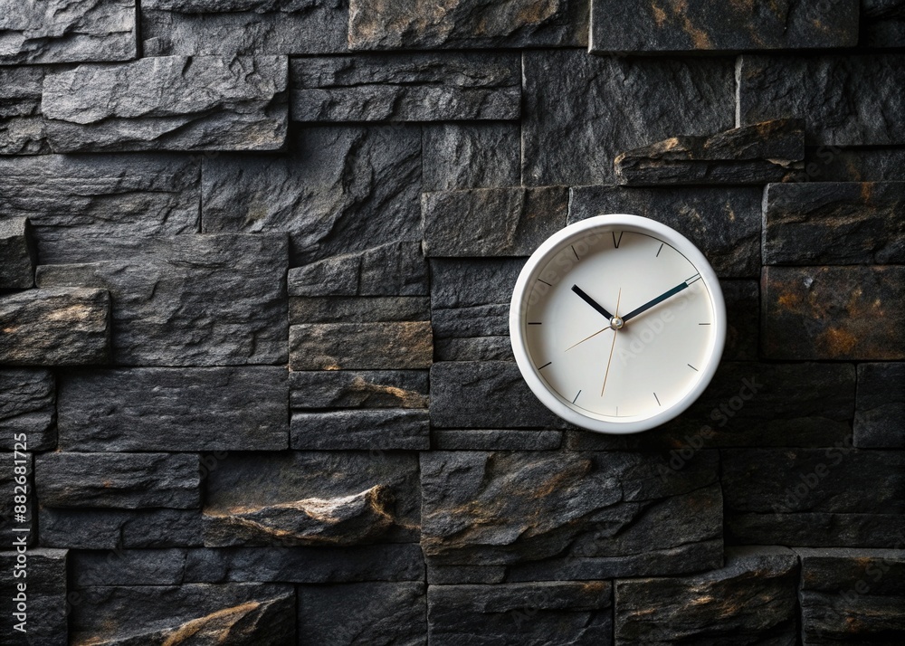custom made wallpaper toronto digitalA dramatic close-up of a solid black rock wall showcases a striking contrast with a crisp white clock standing out against the dark geological background.