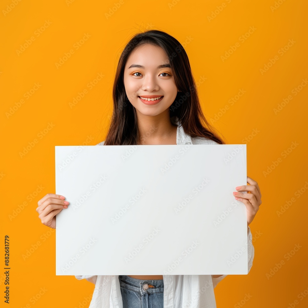 Smiling cute girl Holding Blank Sign Smiling cute girl Holding Blank Sign