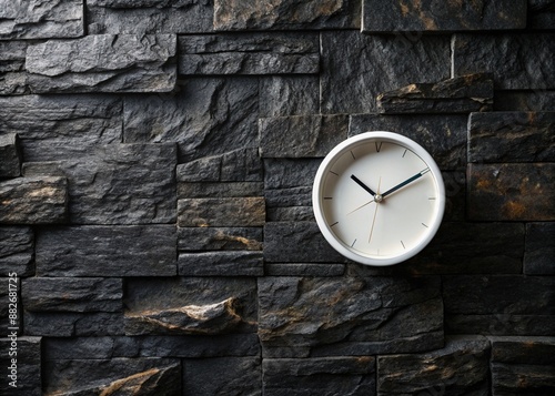 Wallpaper Mural A dramatic close-up of a solid black rock wall showcases a striking contrast with a crisp white clock standing out against the dark geological background. Torontodigital.ca