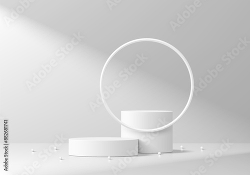 3D white round product podium set background with circle frame. Abstract composition in minimalist design. 3D studio display showroom cosmetic product pedestal, Fashion stage showcase mockup scene