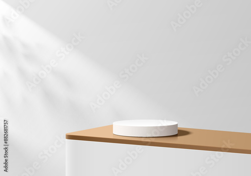 3D white product podium background on round wood table with nature light. Abstract composition minimalist design. Studio display showroom cosmetic product pedestal, Fashion stage showcase mockup scene