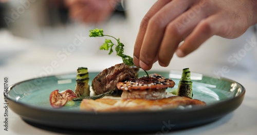Fotografie Hands, food and herb of dish for fine dining, culinary institute or luxury restaurant