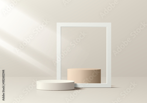 3D beige round product podium background with white square frame. Abstract composition in minimalist design. 3D studio display showroom cosmetic product pedestal, Fashion stage showcase mockup scene.