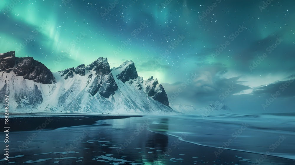 Naklejka premium Amazing view of green aurora borealis shining in night sky over snowy mountain ridge with black sand stockness beach and vestrahorn mountain in background in iceland.