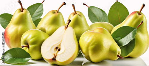 A captivating arrangement of tender pears and their accompanying green leaves in a rustic setting

