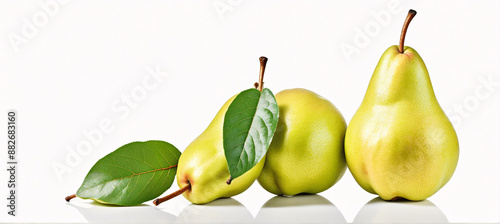 An elegant collection of perfectly ripe pears adorned with delicate green leaves for added charm

