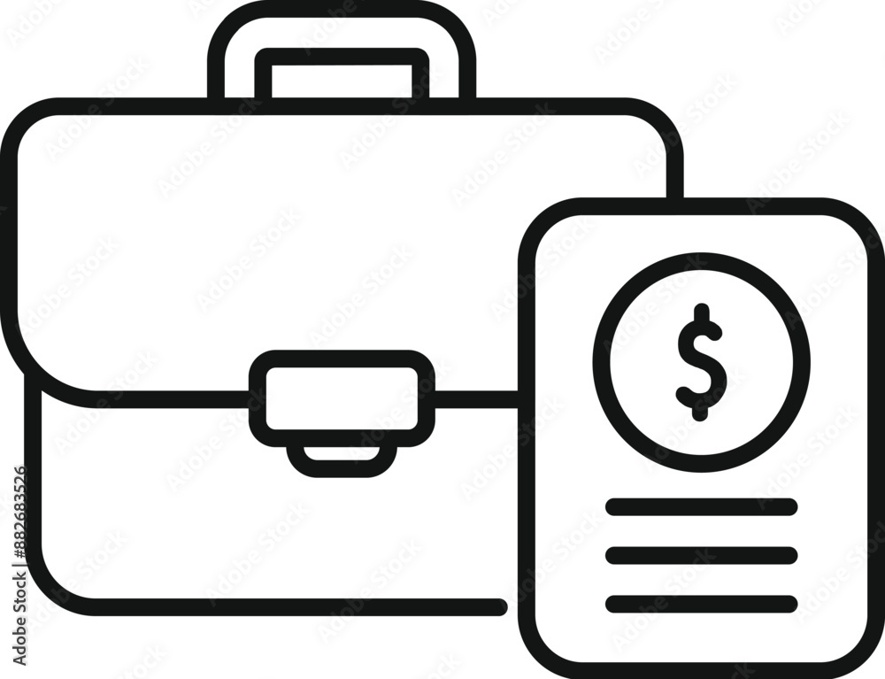 Line art icon of a businessman holding a briefcase and checking a financial report with a dollar sign Line art icon of a businessman holding a briefcase and checking a financial report with a dollar sign