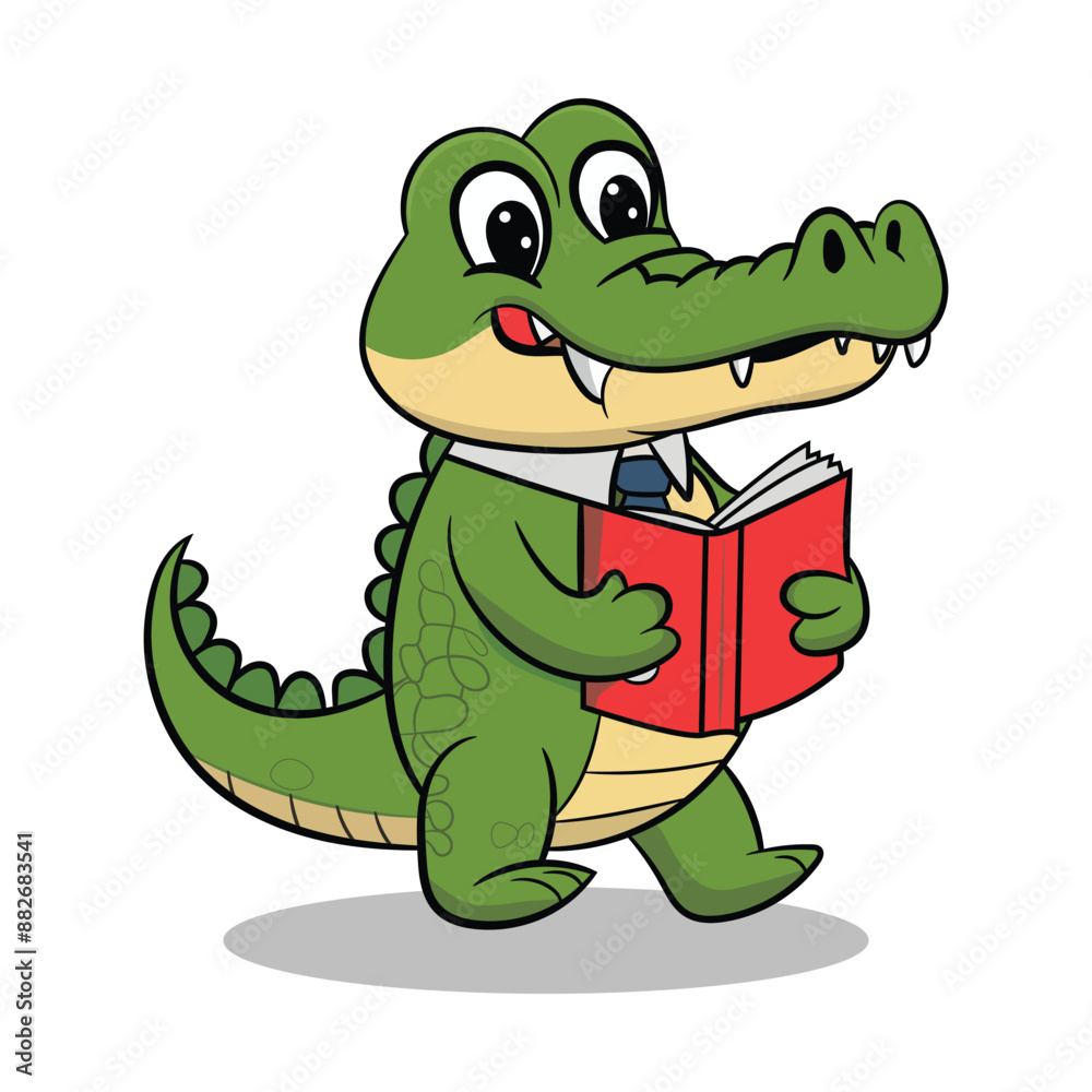 Obraz premium Hand-drawn crocodile cartoon illustration design carrying a book wearing a tie 