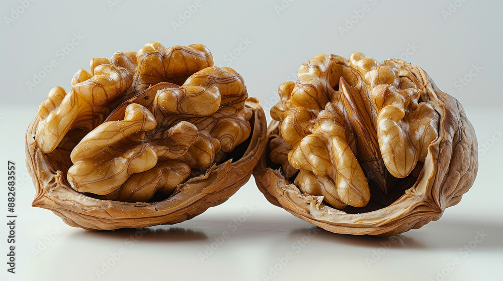 High-Resolution Photo of a Whole Walnut and a Cut Walnut on a White Background, Smooth and Shadowless, Captured with Professional Photography Techniques High-Resolution Photo of a Whole Walnut and a Cut Walnut on a White Background, Smooth and Shadowless, Captured with Professional Photography Techniques